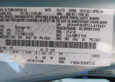 2012 Ford Focus Sel from USA, damaged, VIN 1FAHP3H27CL419221